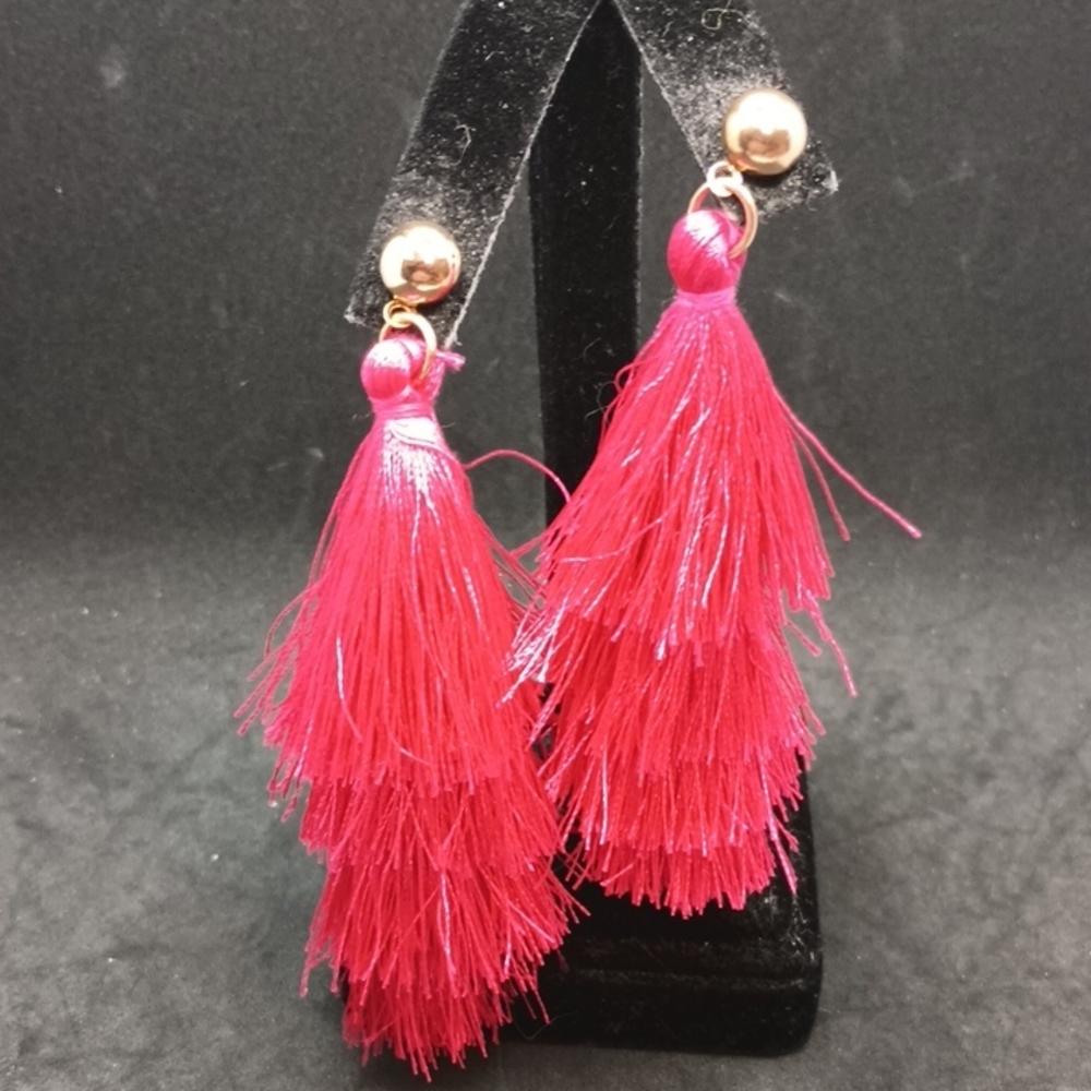 Long Pink Tassel Earrings